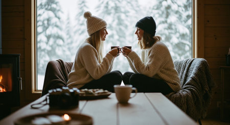 Two women sitting in a cozy cabin, enjoying hot drinks while looking at each other, snow-covered trees visible through a large window, warm atmosphereの素材