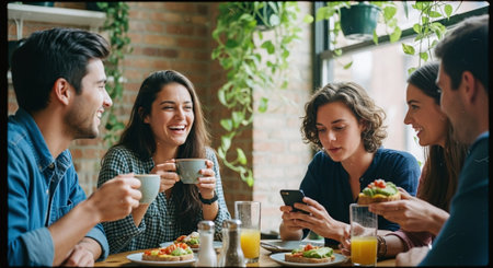 A group of friends enjoying brunch at a cozy cafe, laughing and chatting, with food and drinks on the table, surrounded by plantsの素材