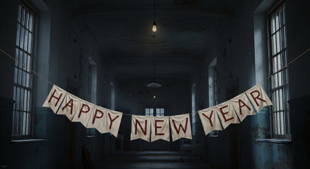 A dimly lit corridor with a happy New Year banner hanging across. The walls are aged and peeling, creating a vintage atmosphere.の素材