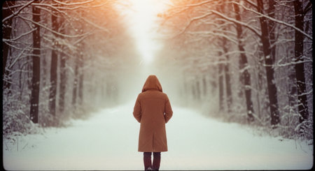 A person standing on a snowy path in a forest, wearing a brown coat, surrounded by trees covered in snow, with a misty atmosphere and warm light filtering through the treesの素材