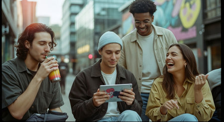 A group of four young adults enjoying time together outdoors, one person is holding a tablet, another is drinking a beverage, and they are laughing and smilingの素材