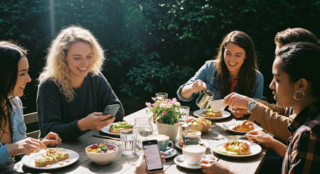 A group of friends enjoying brunch outdoors, smiling and using smartphones, with plates of food and drinks on the tableの素材