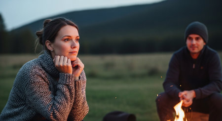 A woman in a cozy sweater sitting by a campfire, looking contemplative, with a man in the background, mountains and trees visibleの素材