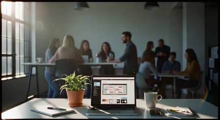 A modern office setting with a laptop displaying a design interface, a potted plant on the desk, and a group of people collaborating in the backgroundの素材
