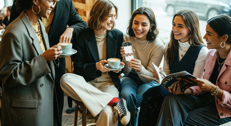 A group of young women enjoying coffee together in a cafe, sharing a moment of laughter and conversation, dressed in stylish outfitsの素材