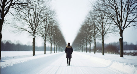 A solitary figure walking down a snow-covered road lined with bare trees, creating a serene winter landscapeの素材