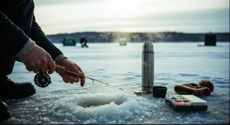 A person ice fishing on a frozen lake, holding a fishing rod over a hole in the ice, with a thermos and fishing gear nearbyの素材