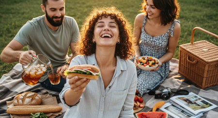 A group of friends enjoying a picnic outdoors, with one woman laughing while holding a sandwich, a man pouring iced tea, and another woman with a bowl of fruit, surrounded by picnic itemsの素材