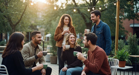 A group of friends enjoying coffee outdoors, smiling and chatting, with string lights in the backgroundの素材