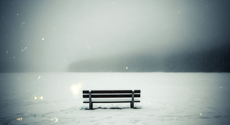 A solitary wooden bench in a snowy landscape, surrounded by fog and trees, evoking a sense of tranquility and isolationの素材