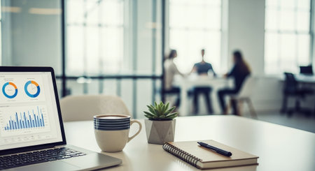 A modern office workspace featuring a laptop displaying graphs, a coffee cup, a small plant, and a notebook on a table, with blurred colleagues in the backgroundの素材