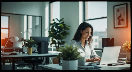 A woman working on a laptop in a modern office, smiling and focused, with plants and a bright atmosphereの素材
