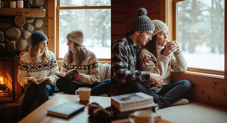 Cozy indoor scenes featuring two women and a man in winter sweaters, reading and enjoying hot drinks by a window with snowy landscape outsideの素材