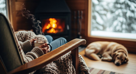 A cozy indoor scene featuring a person wrapped in a blanket, holding a warm drink, sitting in front of a fireplace with a dog resting nearby, snow visible outsideの素材