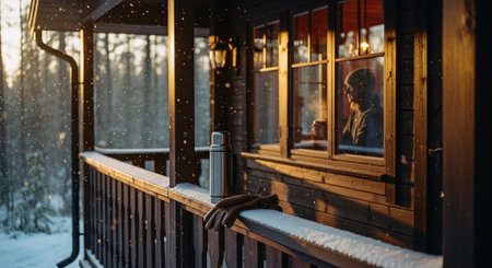 A cozy wooden cabin in winter, with snow falling, a person inside enjoying a warm drink, and a thermos on the porch railingの素材