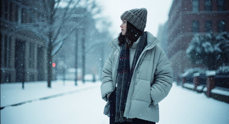 A woman in a winter coat and hat standing in a snowy urban environment, with snowflakes falling around herの素材