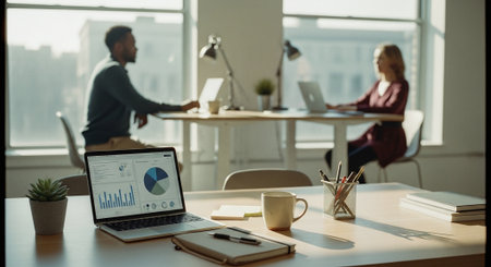 A modern office setting with two people working at desks, one man and one woman, a laptop displaying charts and graphs in the foreground, natural light coming through large windowsの素材