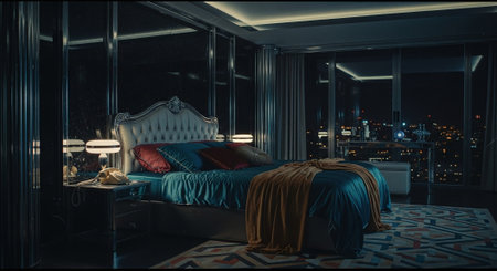 A luxurious bedroom with a large bed, elegant decor, and city skyline views at nightの素材