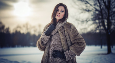 A woman in a stylish winter outfit, featuring a fur coat and gloves, standing in a snowy landscape with a cloudy skyの素材