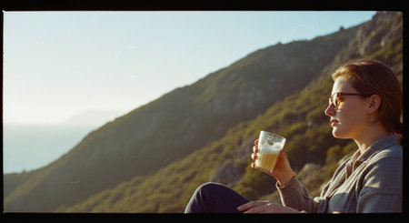 A person sitting on a rocky ledge overlooking a scenic landscape, holding a glass of drink, with mountains and ocean in the background, enjoying a peaceful momentの素材