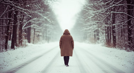 A solitary figure walking down a snow-covered road surrounded by trees in winterの素材