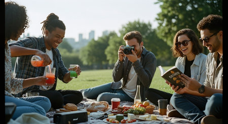 A group of friends enjoying a picnic in a park, with food and drinks, one person taking photos, and another reading a bookの素材