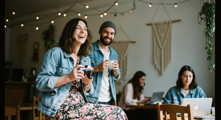 A group of young adults in a cozy cafe, one woman laughing while holding a camera, a man smiling with a cup, two others working on laptopsの素材