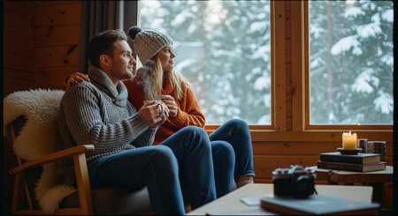 A cozy couple sitting by a window in a wooden cabin, enjoying a winter view with snow-covered trees outside, holding mugs and surrounded by warm decorの素材