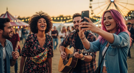 A group of friends enjoying a music festival, one playing guitar, others laughing and taking selfies, with a ferris wheel in the backgroundの素材