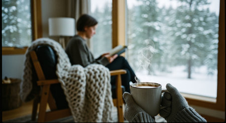 A cozy indoor scene featuring a person reading by a window with a snowy landscape outside, holding a steaming cup of coffee or tea, wearing gloves, and wrapped in a chunky knit blanketの素材