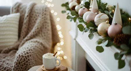A cozy living room with a knitted blanket on a chair, a garland of pastel ornaments and pinecones on the mantel, and a cup of hot chocolate topped with whipped cream and a cinnamon stickの素材