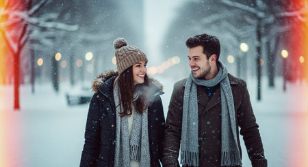 A couple walking hand in hand in a snowy park, surrounded by trees and soft glowing lights, wearing winter clothing, smiling and enjoying the winter atmosphereの素材