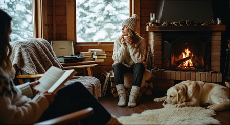 A cozy indoor scene featuring two women in a wooden cabin, one sitting with a cup and the other reading a book, a dog resting on the floor, and a fireplace with a warm glowの素材