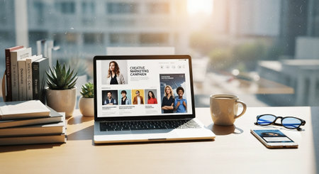 A laptop displaying a marketing campaign website on a wooden desk, with a coffee cup, sunglasses, and a smartphone nearby, surrounded by books and a plant, in a bright office settingの素材
