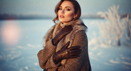 A woman in a stylish winter outfit with a fur collar, standing in a snowy landscape, looking confidently at the cameraの素材