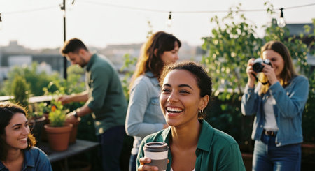 A group of friends enjoying a rooftop gathering, smiling and holding coffee cups, with greenery and cityscape in the backgroundの素材