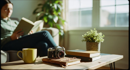 A cozy indoor scene featuring a person reading a book while sitting on a couch, with a camera, books, and a plant on a coffee tableの素材