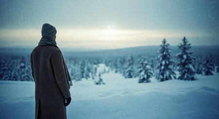 A person standing in a snowy landscape, gazing at a distant horizon under a cloudy sky, surrounded by snow-covered treesの素材