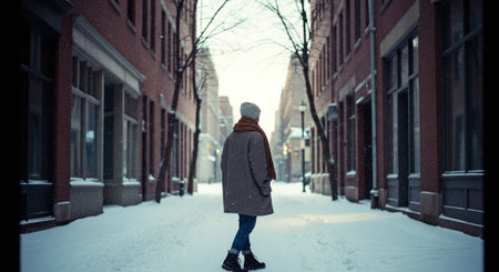 A person walking in a snowy alleyway, surrounded by brick buildings, wearing a coat and scarf, with snow gently fallingの素材
