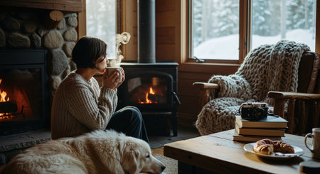 A cozy indoor scene shows a woman by a fireplace, sipping a warm drink with a golden retriever beside her. the room has books, a camera, and pastries on a table, with snowy scenery outside.の素材