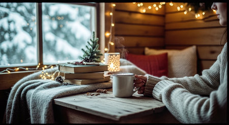 A cozy winter scene featuring a person holding a steaming mug in a rustic cabin, surrounded by books, a small Christmas tree, and warm lights, with snow visible outside the windowの素材