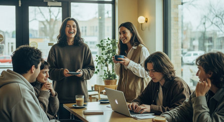A group of young adults enjoying coffee in a cozy cafe, one woman serving drinks, others engaged in conversation and using a laptopの素材