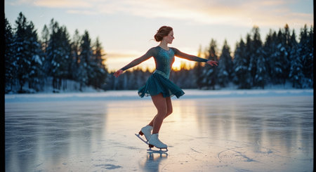 A graceful figure skater performing on an outdoor ice rink surrounded by snow-covered trees during sunsetの素材