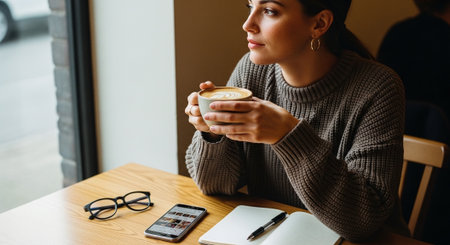 A woman sitting at a wooden table in a cafe, holding a cup of coffee, looking thoughtfully out the window, with a notebook and smartphone nearbyの素材