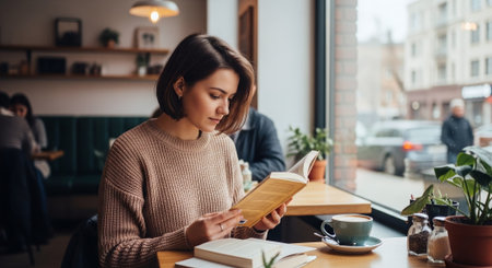 A young woman reading a book in a cozy cafe, with a cup of coffee on the table and plants in the backgroundの素材