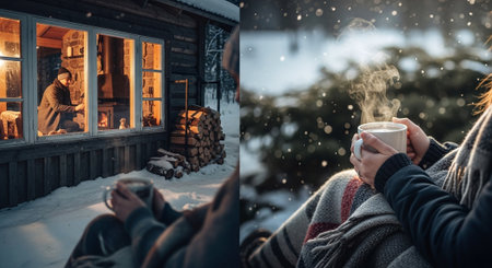 A cozy winter scene featuring a person sitting outside with a steaming mug, snow-covered surroundings, and a warm cabin in the background with a fire insideの素材
