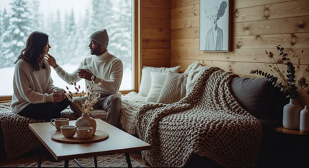 A cozy indoor scene featuring a couple sitting on a sofa in a wooden cabin, surrounded by winter scenery outside the window, warm blankets, and decorative elementsの素材
