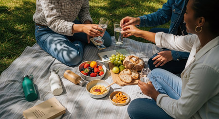 A group of friends enjoying a picnic on a blanket in a park, featuring fruits, bread, and drinksの素材