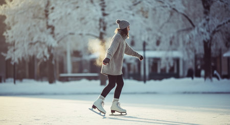 A woman skating on ice in a snowy park, wearing a cozy sweater and hat, with a serene winter landscape in the backgroundの素材