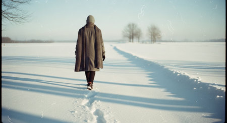 A person walking alone in a snowy landscape, wearing a long coat and scarf, with footprints in the snow and trees in the backgroundの素材